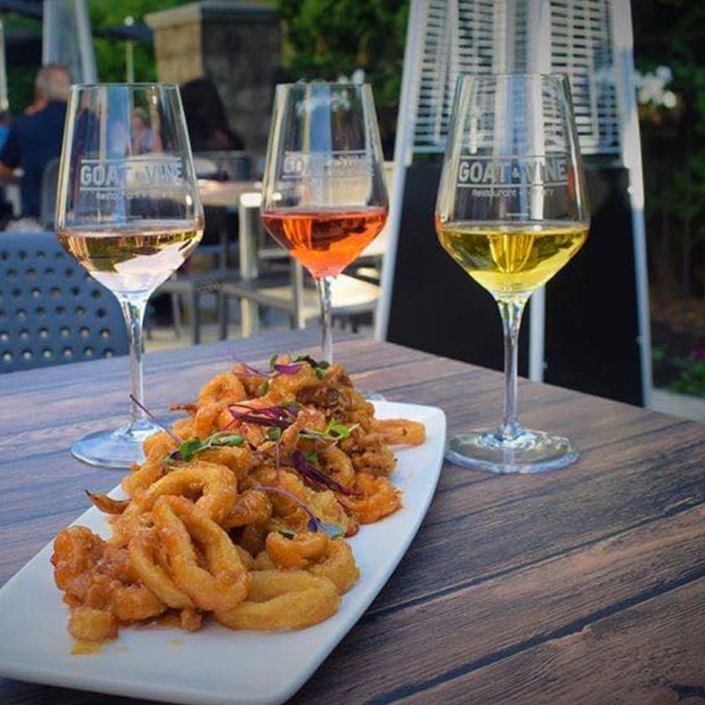 Wine glasses and food.