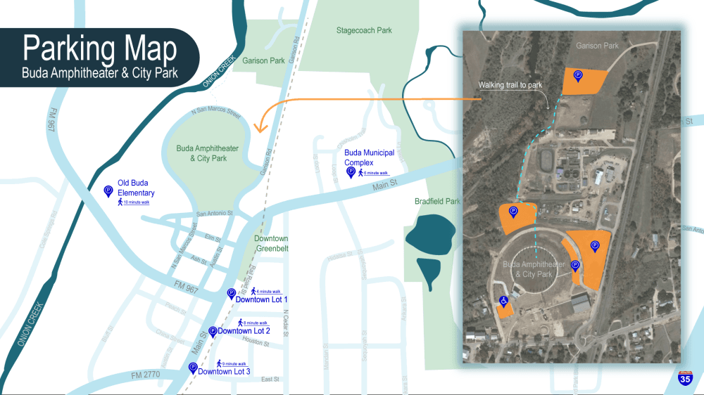 This map shows parking locations for Red, White and Buda. (Courtesy city of Buda)