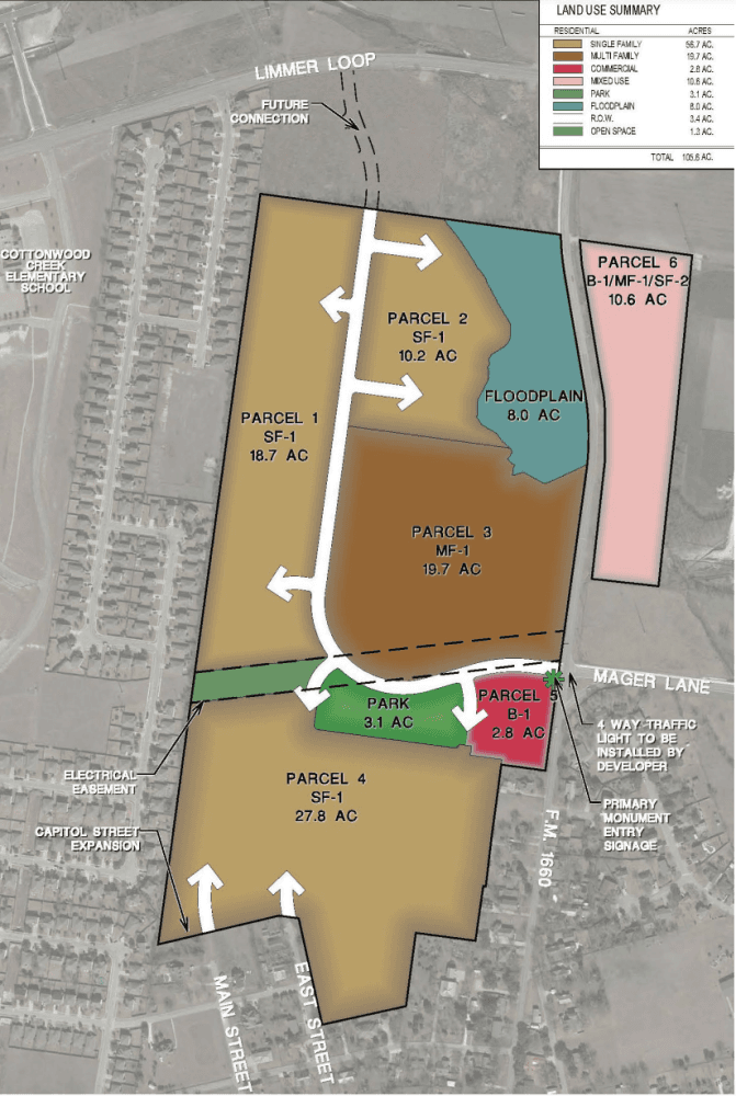 Durango Farms will include a day care, labeled "Parcel 5," to serve the families in the neighborhood. (Courtesy SEC Planning)