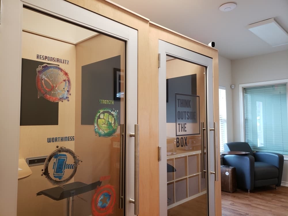 There are three quiet booths in which members can conduct calls. (Ali Linan/Community Impact Newspaper)