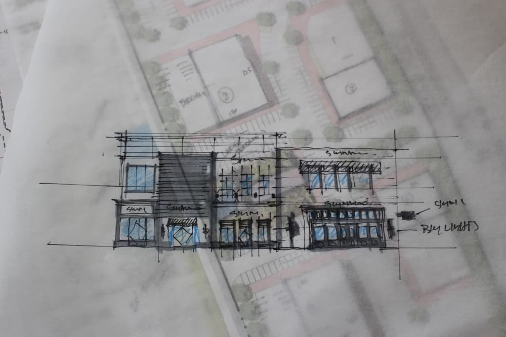 A facade sketch at Conduit Architecture + Design in McKinney. (Brooklynn Cooper/Community Impact Newspaper)