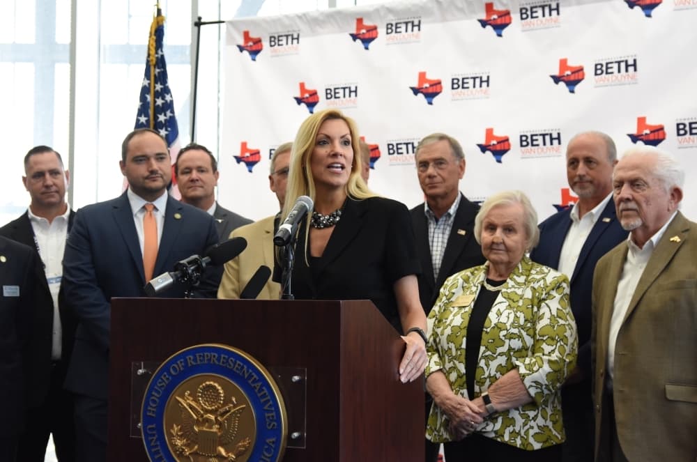 Congresswoman Beth Van Duyne was joined by several local officials during a press conference just before the event began. (Steven Ryzewski/Community Impact Newspaper)