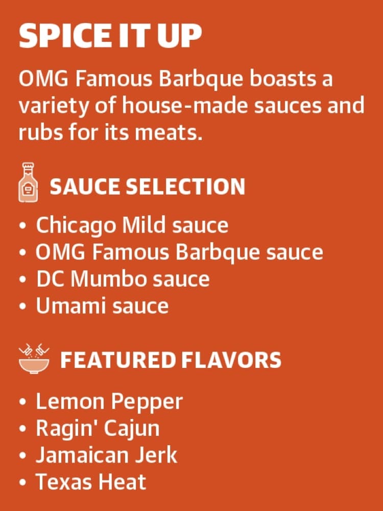 OMG Famous Barbque boasts a variety of house-made sauces and rubs for its meats. (Ronald Winters/Community Impact Newspaper) 