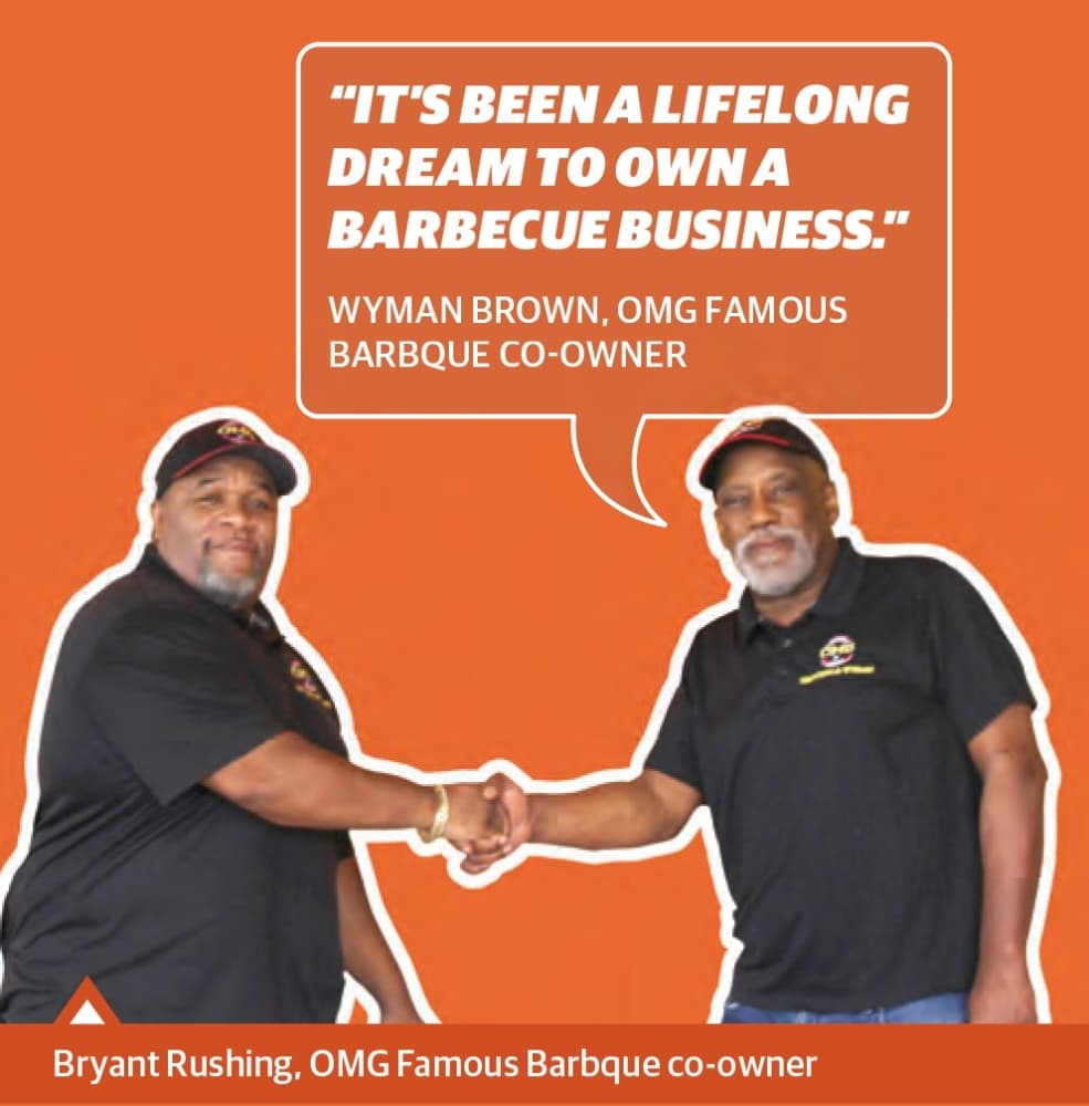 From left, Bryant Rushing and Wyman Brown opened OMG Famous Barbque in 2019. (Brooke Ontiveros/Community Impact Newspaper)