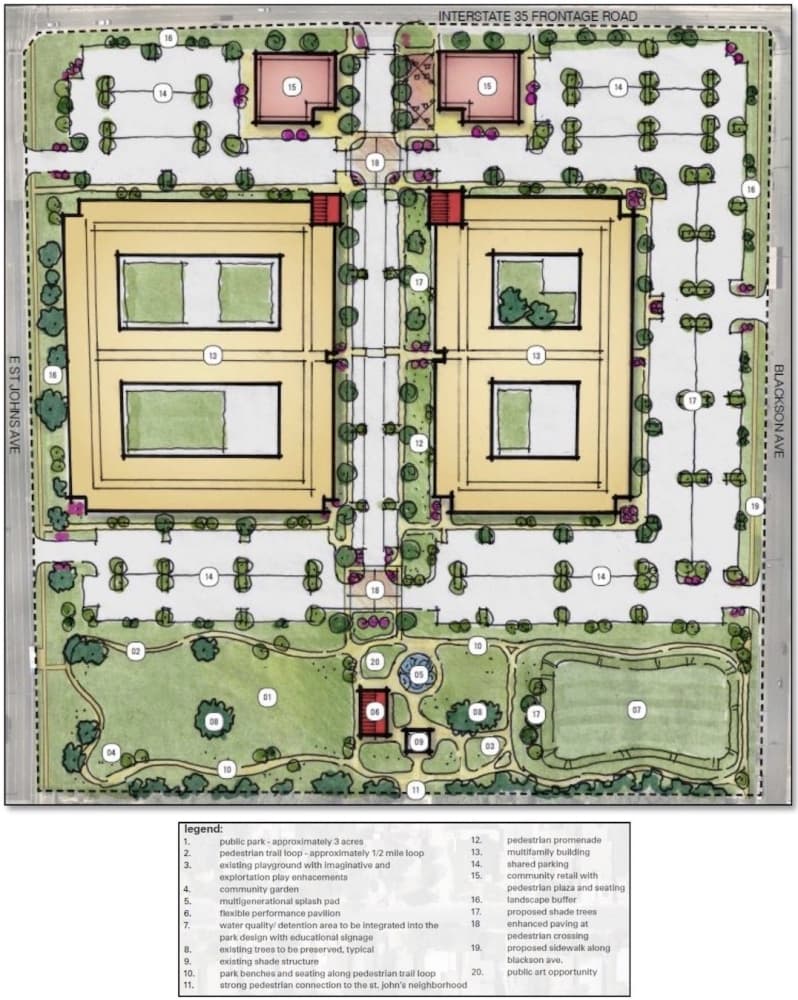 Greystar's development plan would see hundreds of housing units, an expansion of St. John's Park and thousands of square feet of commercial space built on the St. John Site. (Courtesy city of Austin)