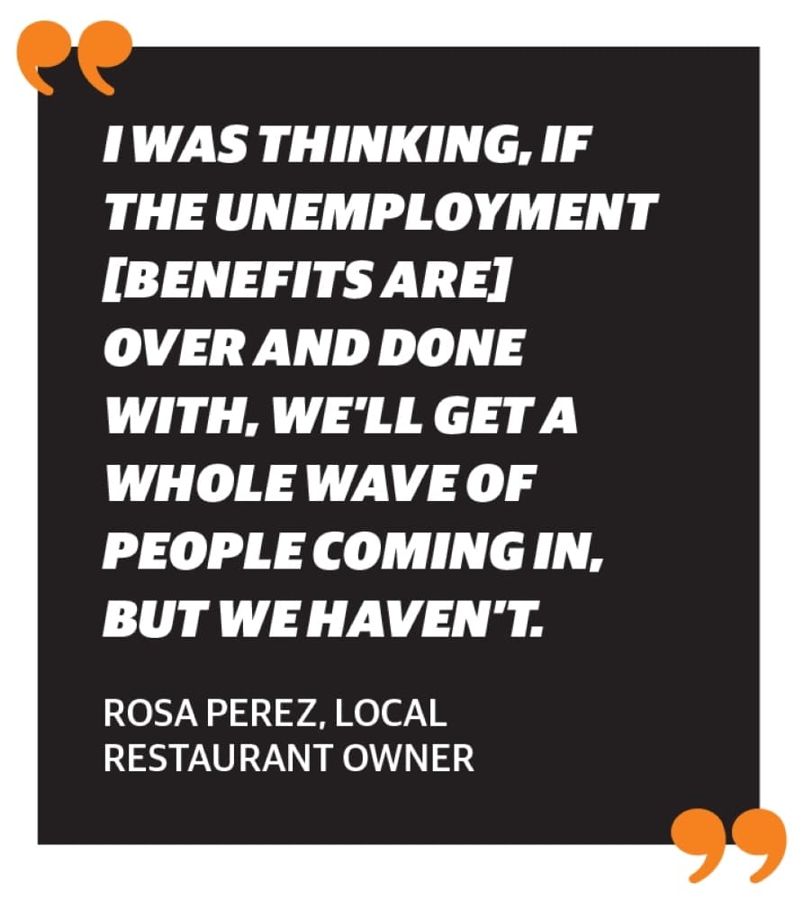 Despite restaurants being allowed to fully reopen in March, Rosa Perez, owner of Sharky’s Waterfront Grill and Chimichurri’s South American Grill in Kingwood, said her establishments are operating with roughly half of the staff they had pre-pandemic. (Ronald Winters/Community Impact Newspaper) 