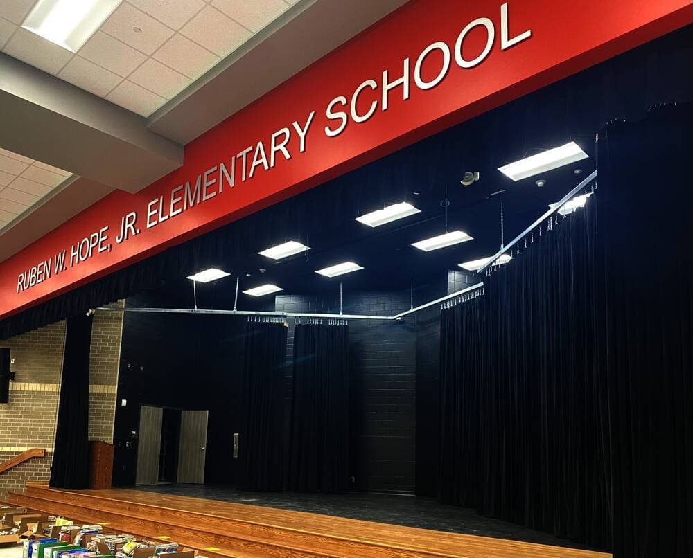 A stage is located in the cafeteria of the new school. (Ally Bolender/Community Impact Newspaper)