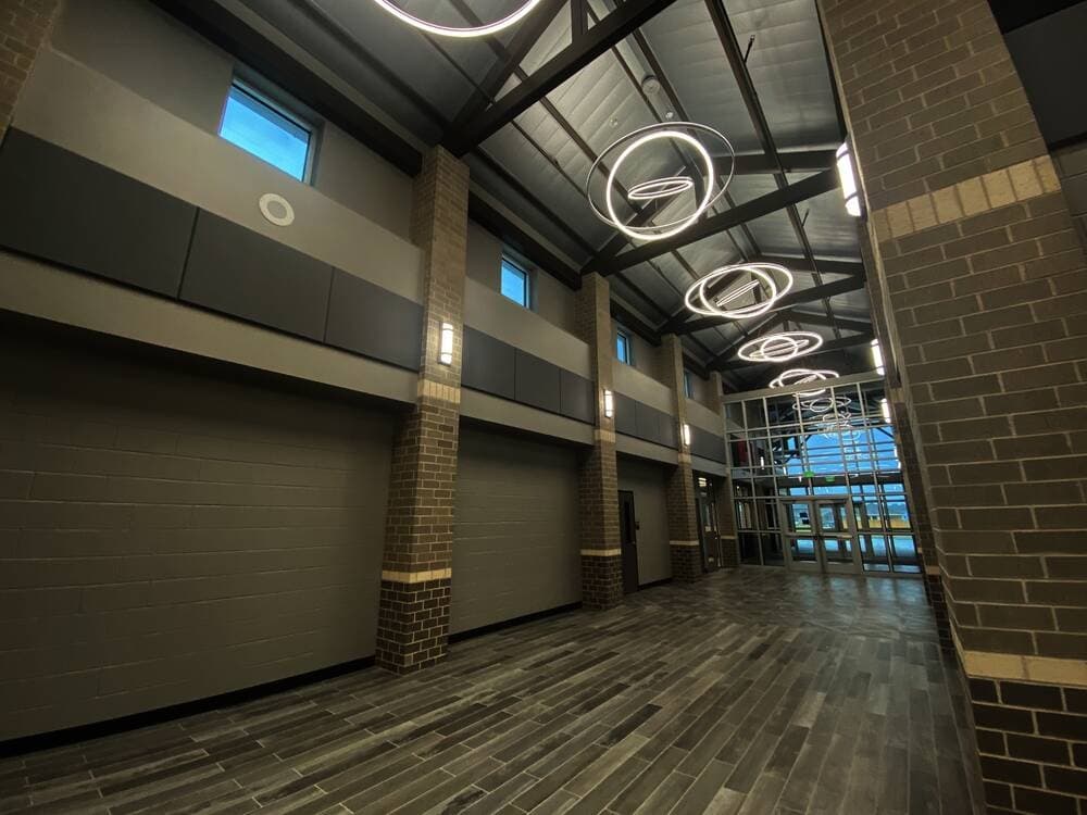 The entryway to Hope Elementary features LED light fixtures. (Ally Bolender/Community Impact Newspaper)