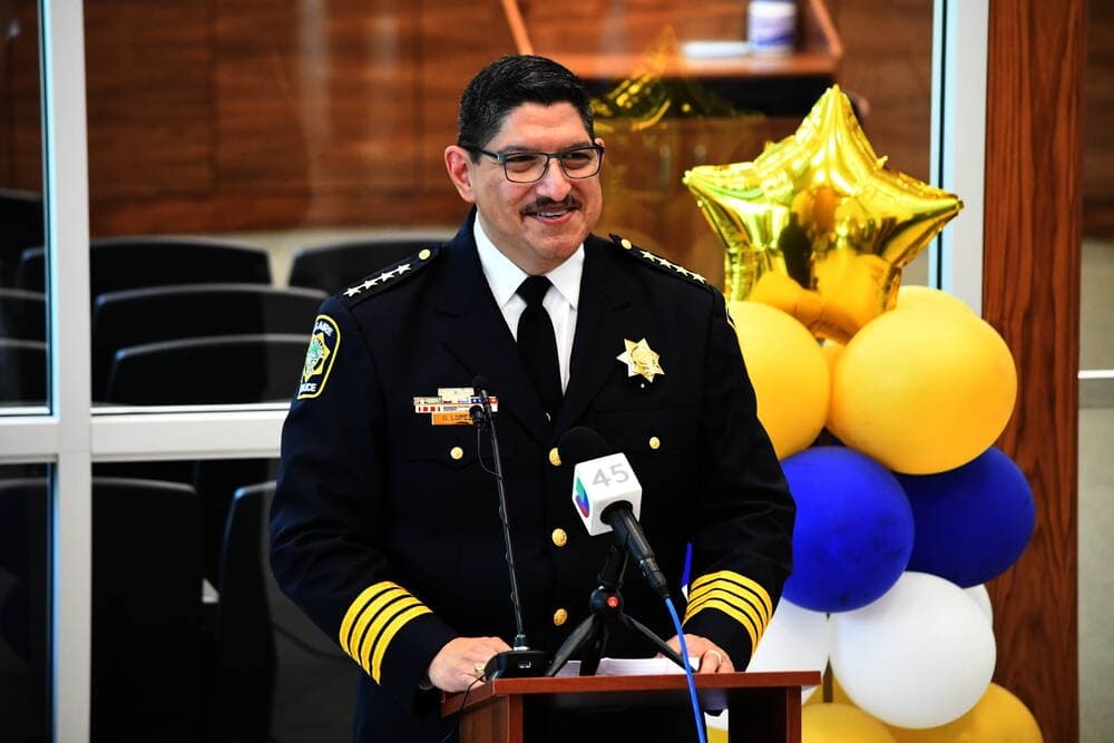 Onesimo Lopez makes his first public remarks as Bellaire’s new police chief. (Hunter Marrow/Community Impact Newspaper) 