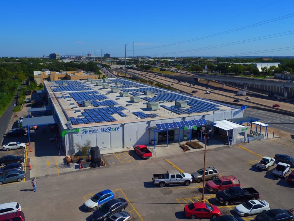 Austin Habitat for Humanity ReStore’s building is four-star certified by the Austin Energy Green Building program, in part due to its electricity use being powered by solar panels. (Courtesy Austin Habitat for Humanity)