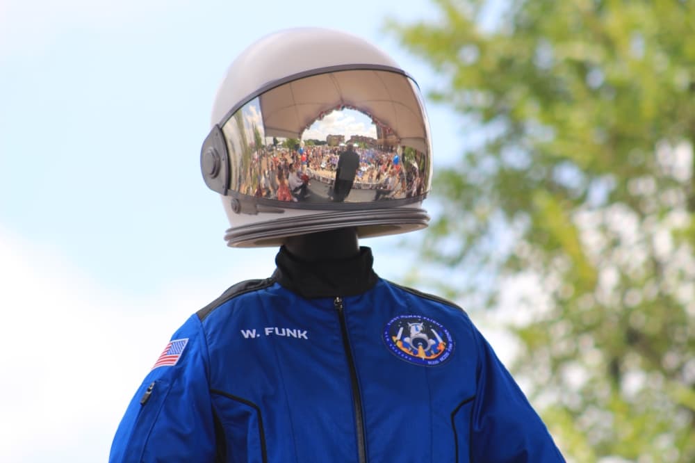 Wally Funk's spacesuit was displayed on stage during the event. (Sandra Sadek/Community Impact Newspaper)