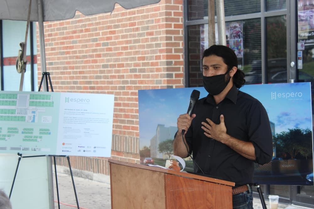 District 4 Council Member Greg Casar spoke about the project's potential to be a model for homeless housing expansion in Austin. (Ben Thompson/Community Impact Newspaper)