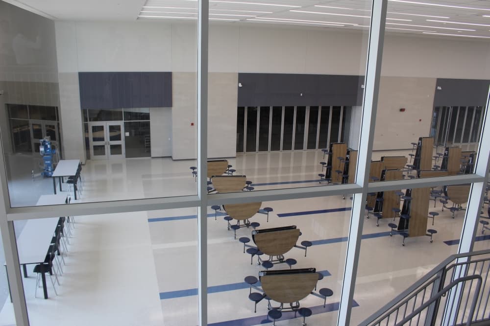 The cafeteria can be viewed through glass from the second floor. (Miranda Jaimes/Community Impact Newspaper)