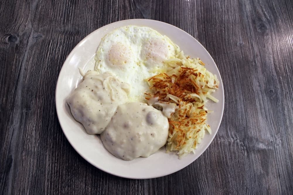 The country breakfast ($8.50) includes two eggs any style, hash browns, and homemade biscuits and sausage gravy. (Karen Chaney/Community Impact Newspaper)