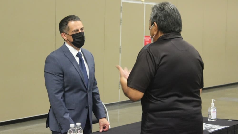Interim Police Chief Joseph Chacon met with residents following the city-led question-and-answer session. (Ben Thompson/Community Impact Newspaper)