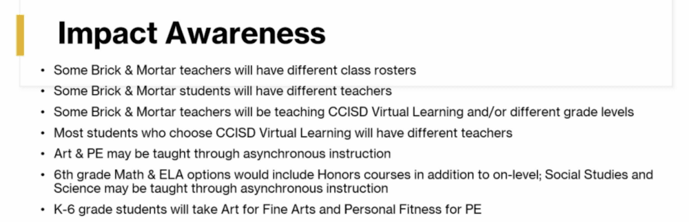 Deputy Superintendent of Curriculum and Instruction Robert Bayard detailed Aug. 23 how the virtual learning option would affect in-person students and staff in 2021-22. (Screenshot from Aug. 23 board meeting)