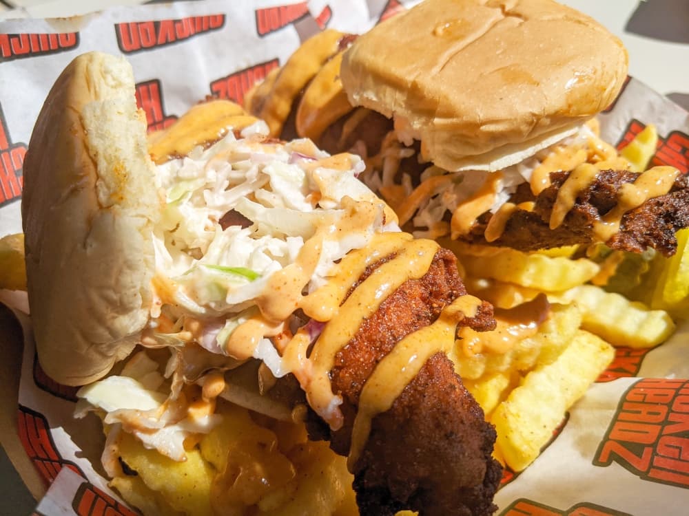 3rd Coast Slammers ($15): One of the food truck’s most popular items, this hot chicken sandwich is topped with homemade slaw and Chicken Headz sauce. (Jishnu Nair/Community Impact Newspaper)