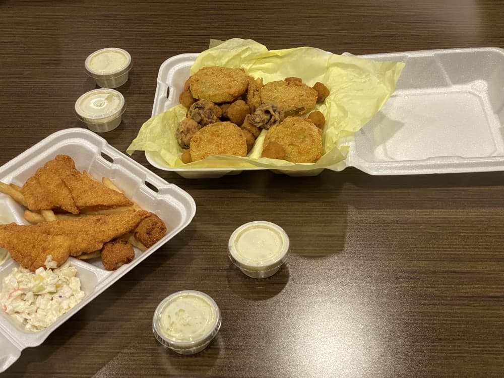 Customer favorites of Springhill Restaurant include their catfish and appetizers like fried mushrooms, fried green tomatoes, and fried okra. Small catfish dinner $10.99, appetizer sampler platter, choose any three $14.99. (Brooke Sjoberg/Community Impact Newspaper)