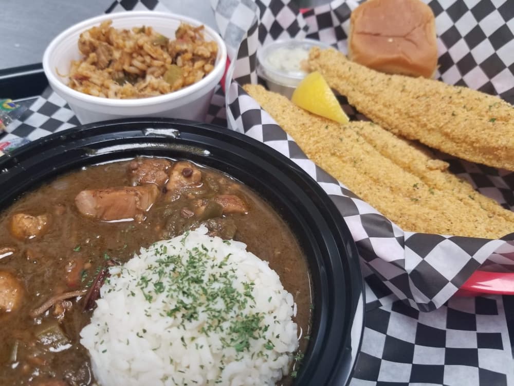 Gumbo, catfish and dirty rice (Courtesy Cajun Skillet)