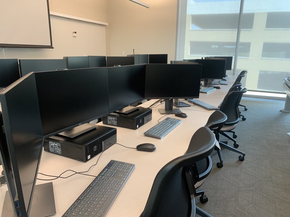 This lab is where students learn penetration testing in Collin College's cybersecurity courses. The frosted glass windows provide extra privacy. (Brooklynn Cooper/Community Impact Newspaper)