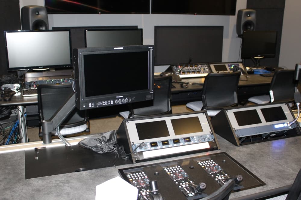 This is where Collin College's video production students view footage from the green screen room and make adjustments via various control panels. (Brooklynn Cooper/Community Impact Newspaper)