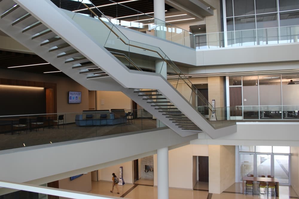 The three-story building features collaborative spaces in which students can work, rest or socialize. (Brooklynn Cooper/Community Impact Newspaper)