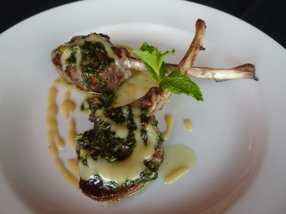 Baby lamb chops al pistacchio are grilled medium rare and served with mint and pistacchio pesto ($17). 