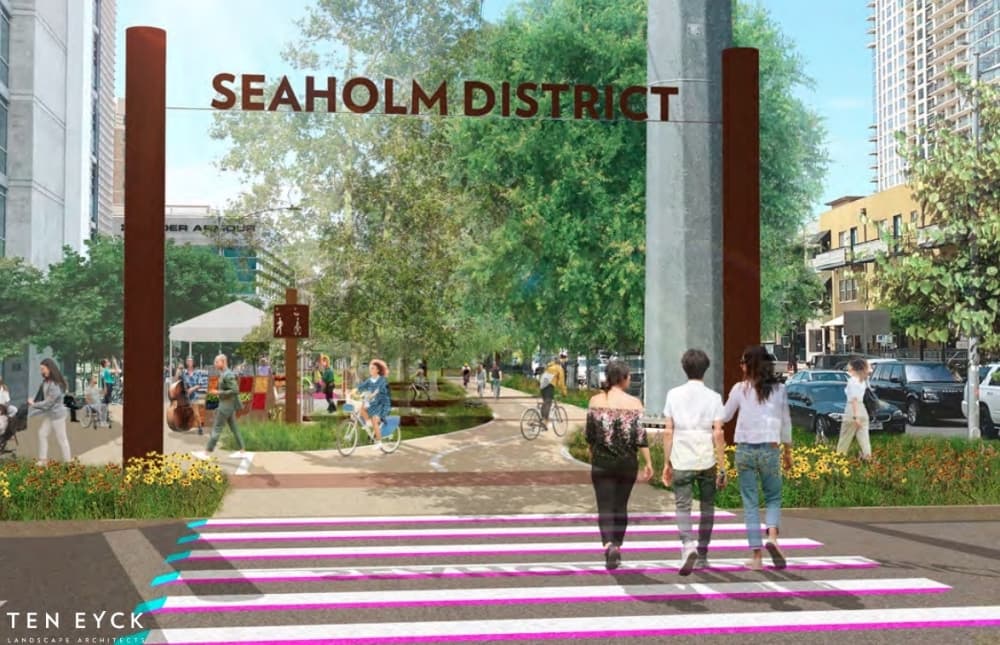 Power Plant Drive would become a pedestrian plaza. (Courtesy Shoal Creek Conservancy and Ten Eyck Landscape Architects)