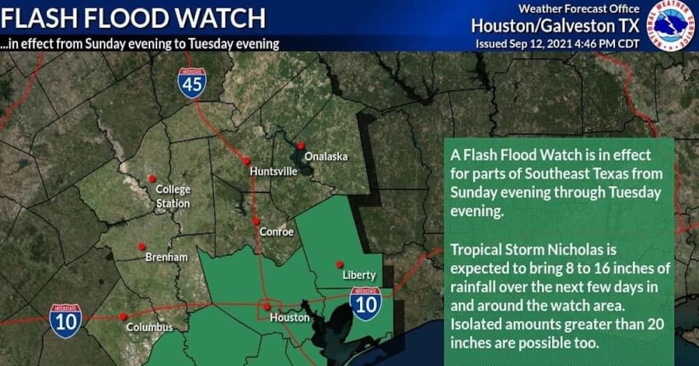 Flash flood watch issued in Fort Bend County through Sept. 14