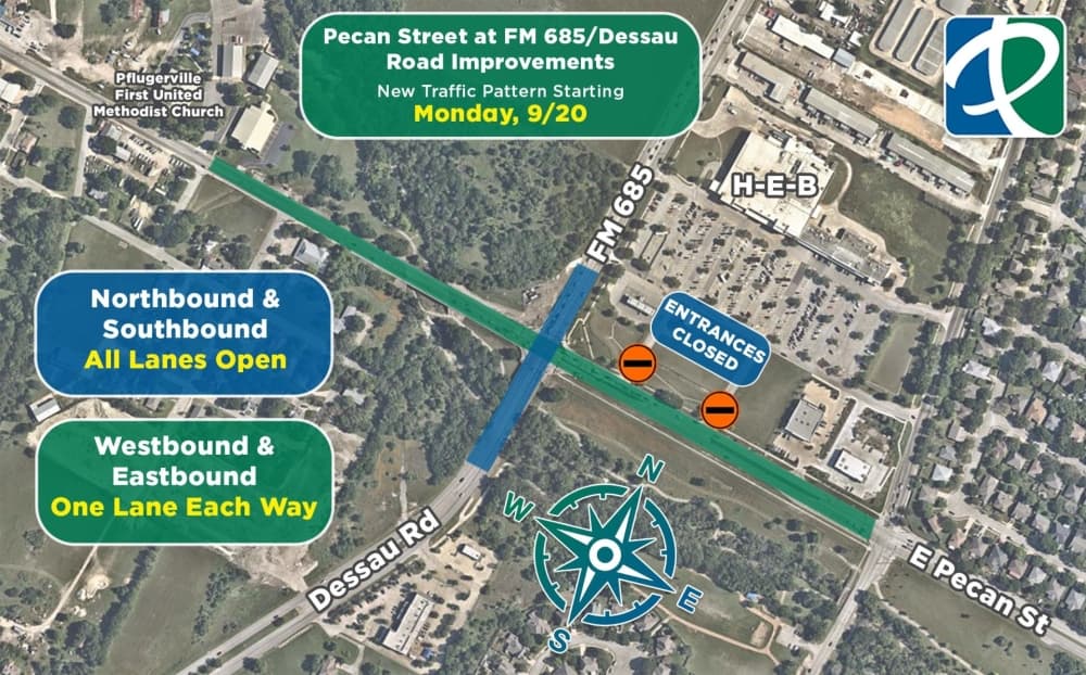 Traffic patterns to shift at Pecan Street and FM 685 in Pflugerville for new phase of construction