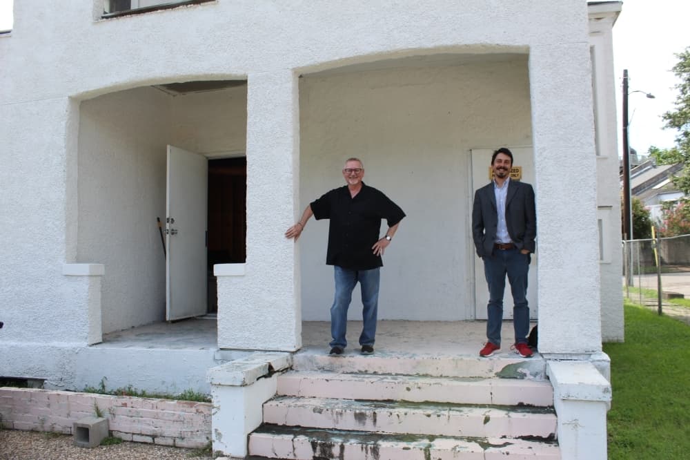 Ray Valdez (left) and Jesus Davila are leading the effort to restore the LULAC Council 60 building in Midtown. (Emma Whalen/Community Impact Newspaper)