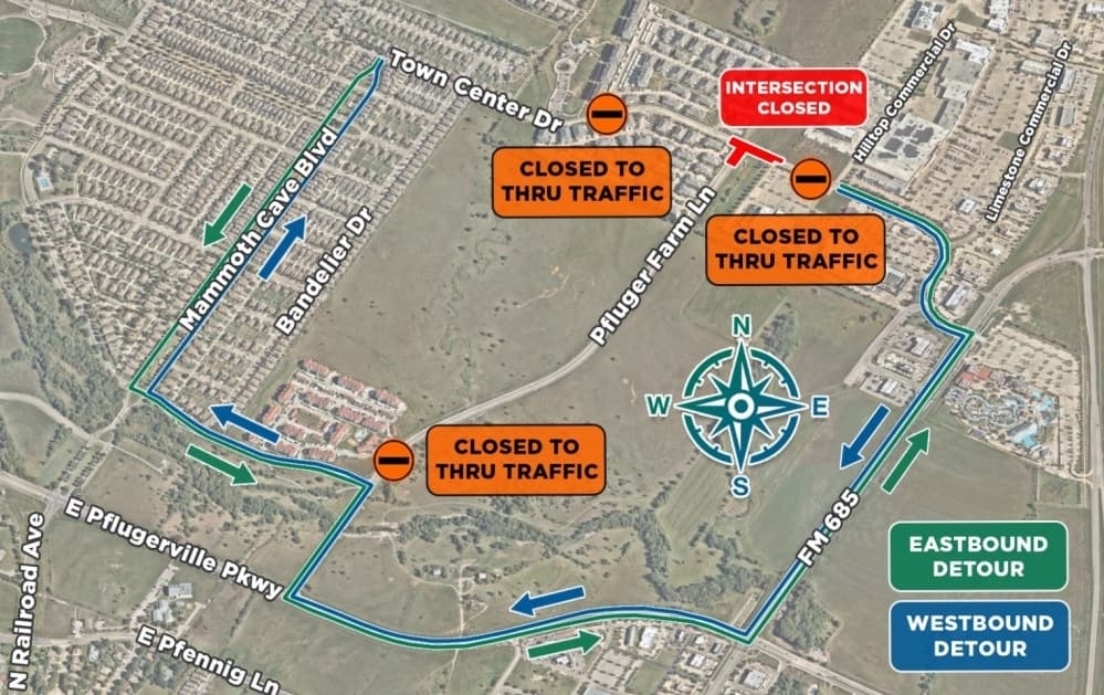 Construction to close intersection at Town Center Drive and Pfluger Farm Lane in Pflugerville