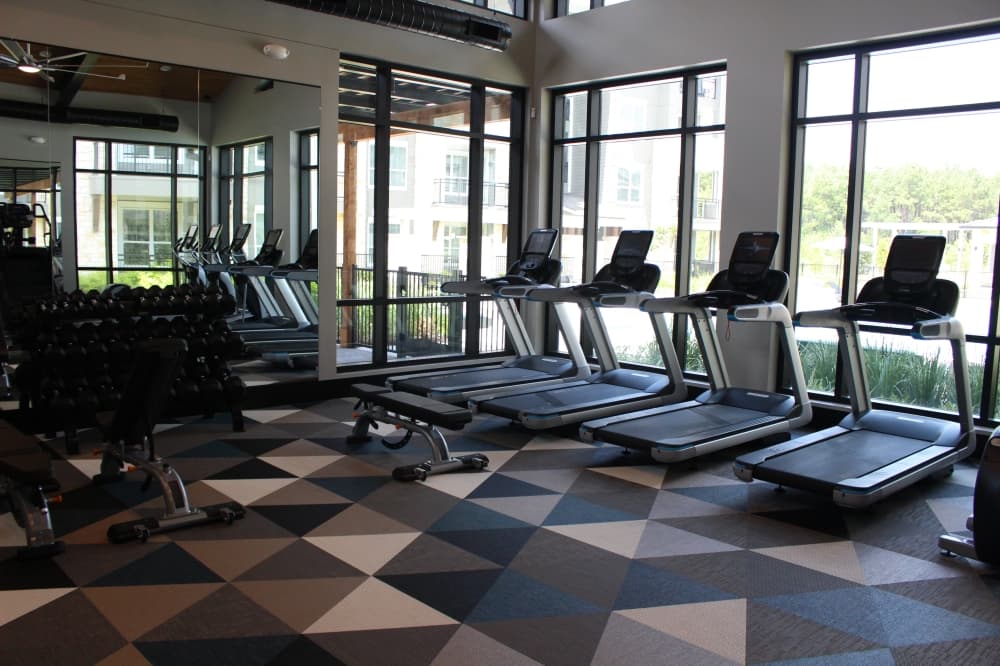 Residents at Creekside Park The Grove can make use a fitness center that includes a fitness room for yoga, spin and barre activities. (Andrew Christman/Community Impact Newspaper)