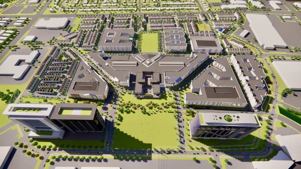 A rendering of the finished project. It will feature around 400,000 square feet of retail space, various restaurants and multiple entertainment venues. (Courtesy Centurion American)
