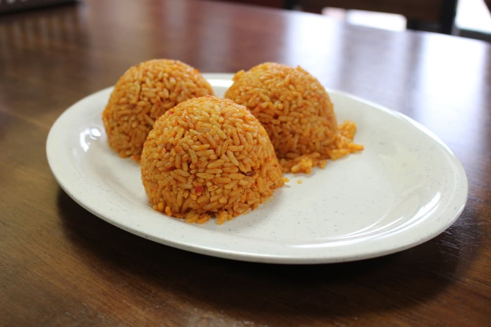 Jollof Rice ($7) is prepared with tomatoes, onions and spices.
