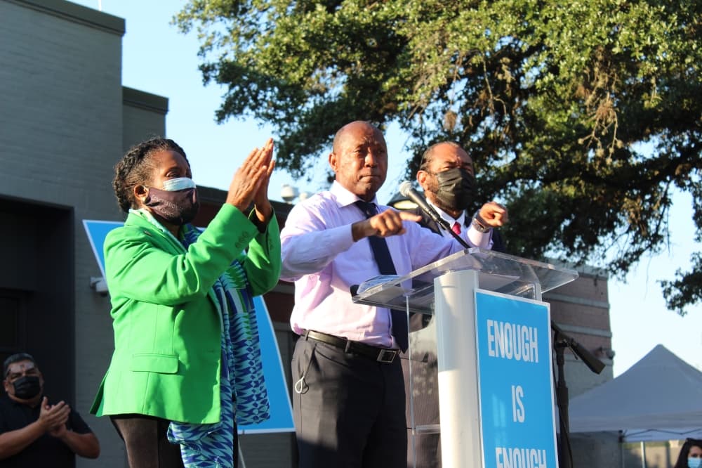 Houston Mayor Sylvester Turner (center) joined U.S. Reps. Sheila Jackson Lee and Al Green in calling for their districts to be restored. (Shawn Arrajj/Community Impact Newspaper)