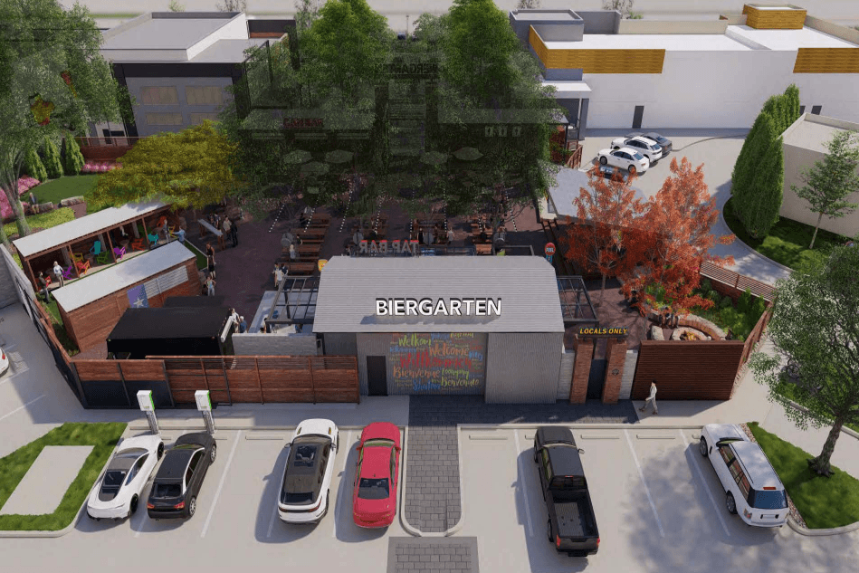 The outdoor Biergarten will include picnic tables, a bar, a firepit with seating, cabanas, space for live music or movie screenings, a game court for cornhole and pingpong, and space for a food truck and other amenities. (Courtesy Hermansen Land Development)