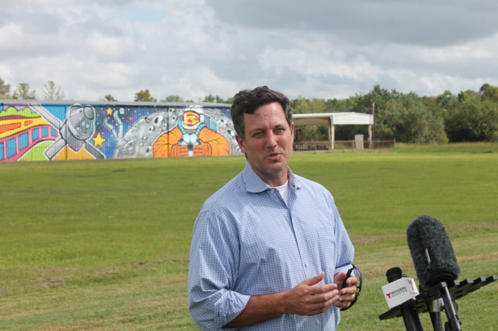Chris Canetti, president of the Houston 2026 World Cup Bid Committee, spoke about the importance of the mural at its unveiling Oct. 12. (Sierra Rozen/Community Impact Newspaper)