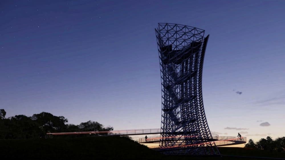 A cycling tower would allow cyclists to scale it at various heights and build enough speed to feed into “gravity trails,” according to the city. (Courtesy city of Frisco)