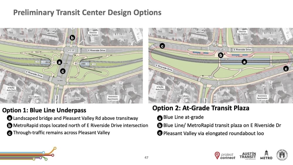 A diagram shows a side-by-side view of the above- and below-ground options. (Courtesy Austin Transit Partnership)