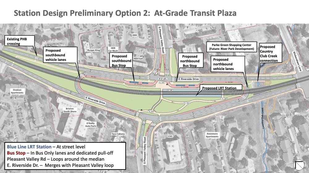 The above-ground option would allow for the bus and light rail to be on the same level. (Courtesy Austin Transit Partnership)