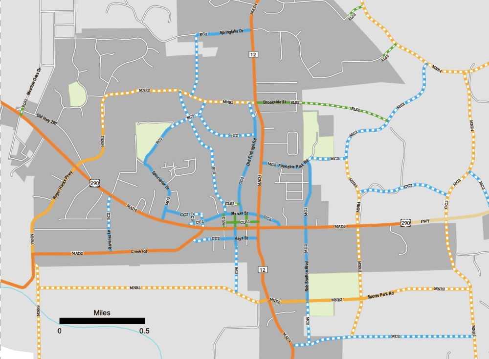 In the city's proposal for new roads, solid lines represent existing roads. Orange and yellow dotted lines represent potential major and minor arterials, respectively. Blue and green dotted lines represent smaller roads. (Courtesy Dripping Springs)