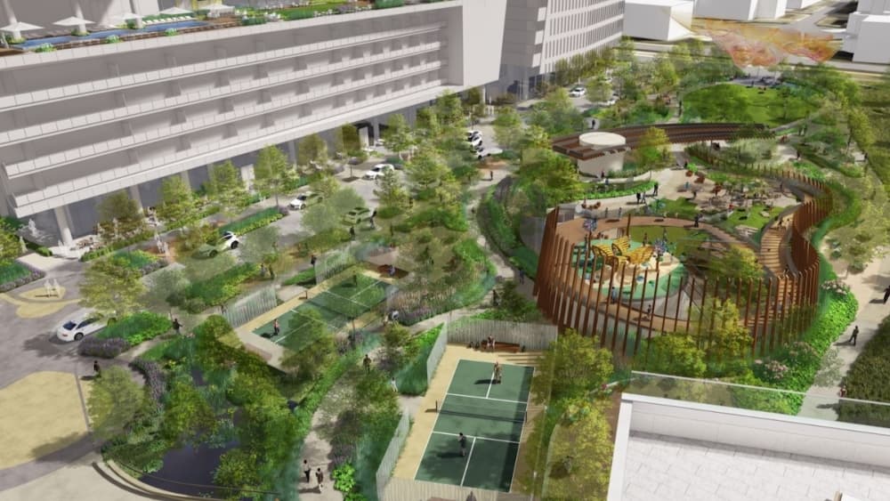 rendering of park space with buildings
