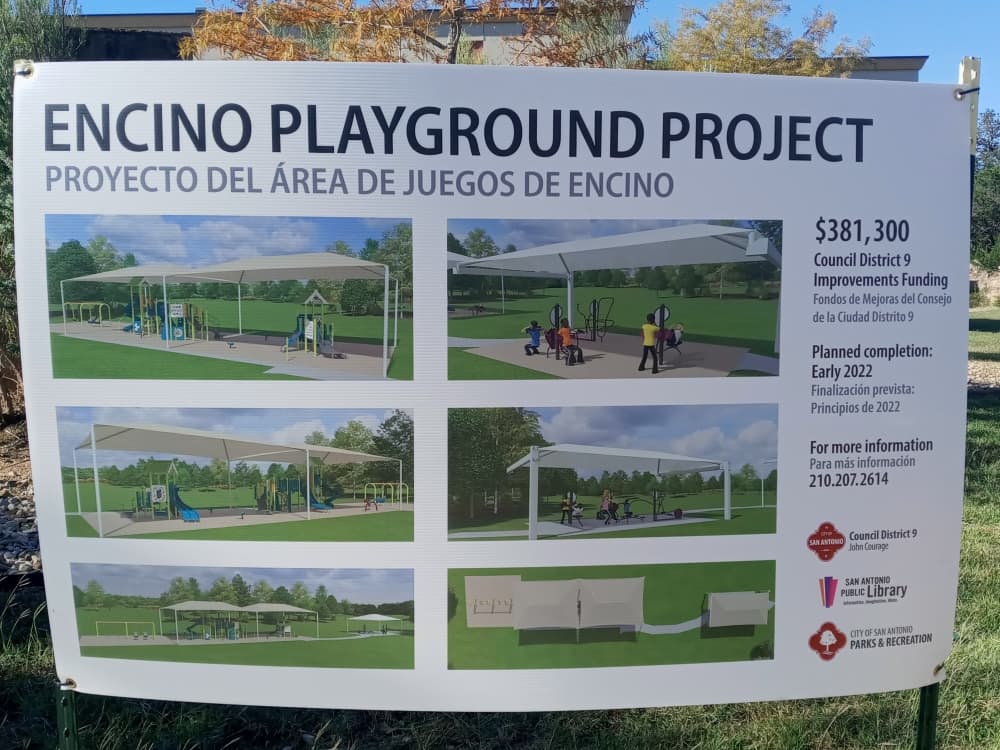 The new Encino Branch Library playground and exercise area project will include shade structures, drinking fountains, benches and "mutt mitts" for dog owners. (Edmond Ortiz/Community Impact Newspaper)
