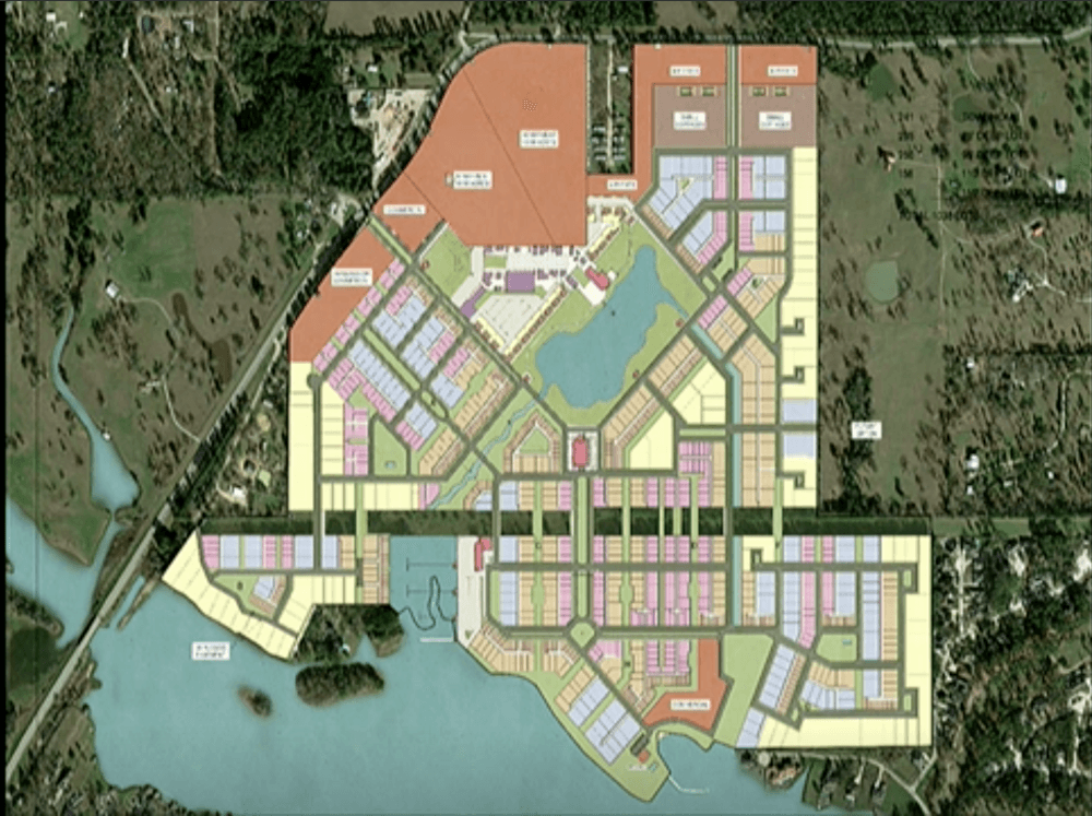 The site plan calls for a mix of single-family and multi-family options as well as lakefront retail and a hotel. (Screenshot via city of Conroe)