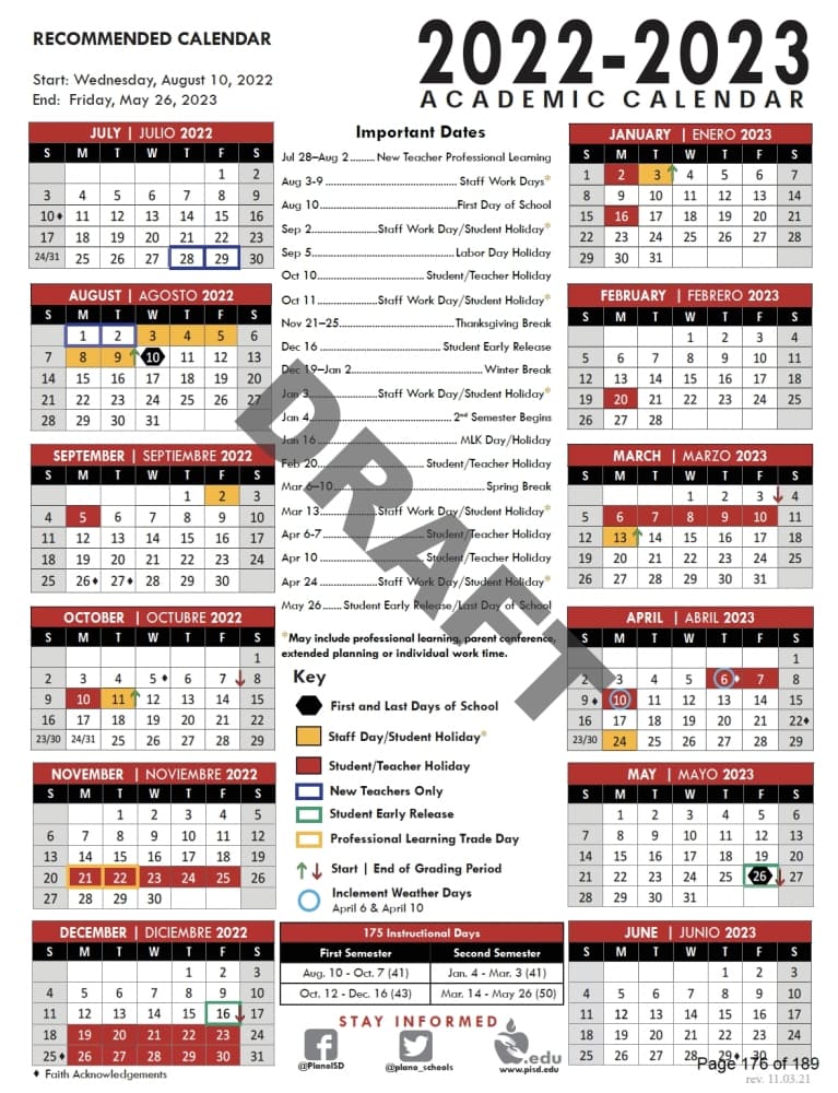 This draft calendar for the 2022-23 school year was approved by the Plano ISD board of trustees Nov. 3. (Screenshot courtesy Plano ISD)