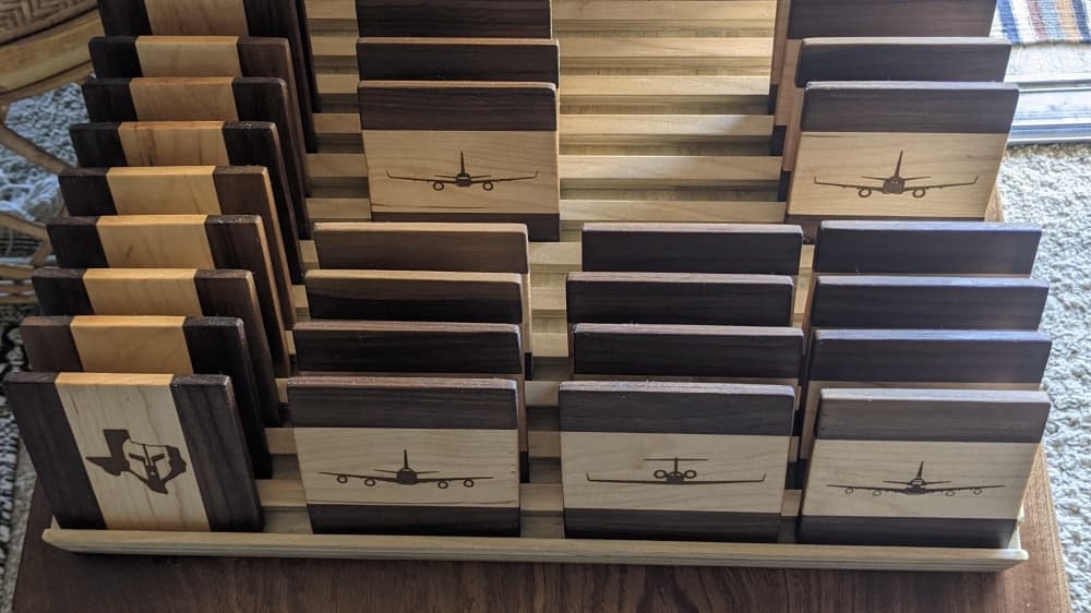 Szabo sells basic wooden coasters, wooden coasters with resin or sand streams down the center and coasters with custom engravings upon request. (Courtesy of Robert Szabo)