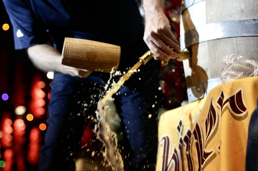 Jimmy Mauric tapped the keg of Shiner Oktoberfest beer during the Nov. 5 opening ceremony of Wurstfest. (Lauren Canterberry/Community Impact Newspaper) 