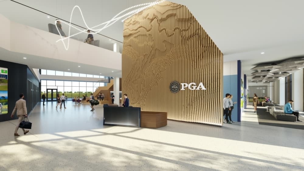 The lobby of the future PGA of America headquarters will greet guests and employees. (Rendering courtesy PGA of America)