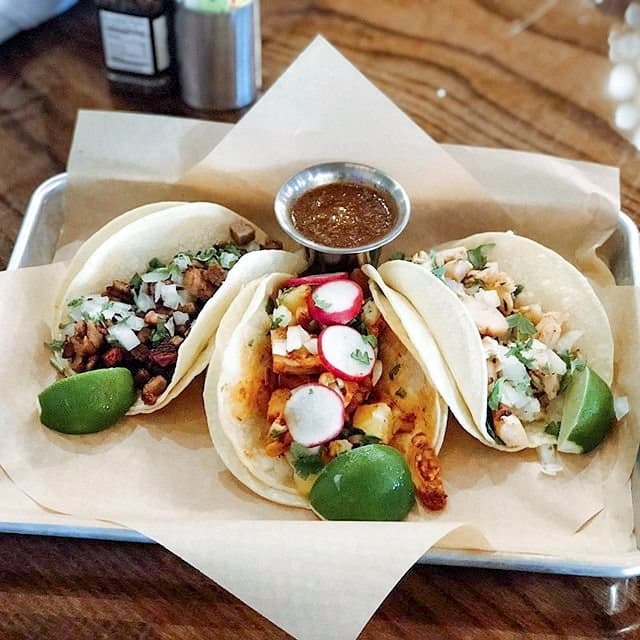 Street Tacos ($10): Three corn tortillas are stuffed with the patron’s choice of brisket, chicken, shrimp or jackfruit, and  topped with onions and cilantro. (Courtesy the Annex Crafthouse)